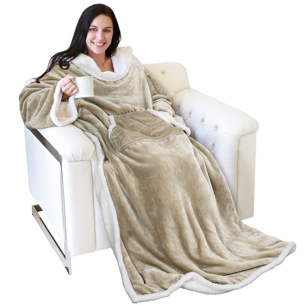 7114 Sherpa Wearable Blanket with Sleeves Arms, Super Soft Warm Comfy Large